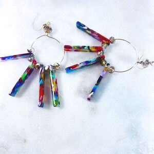 Hoop Earrings 3" Drop Dangle Colorful Acrylic Bars Beads Boho Gypsy‎ Retro Style